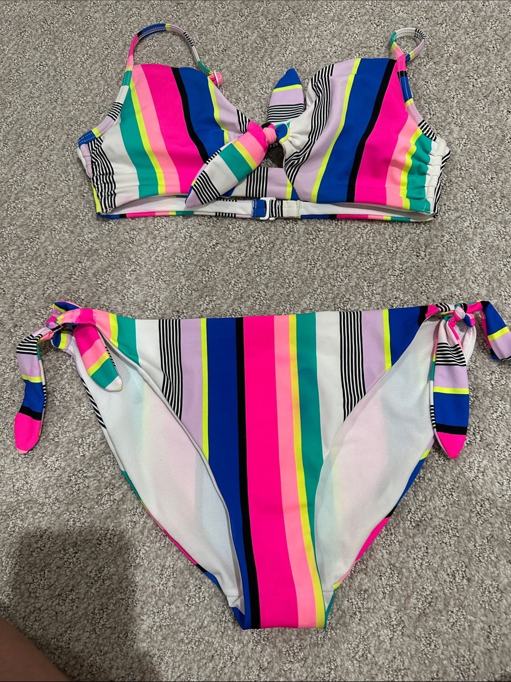 Girls' Multicolor Striped Tie-Side Bikini Set - Pink & Blue